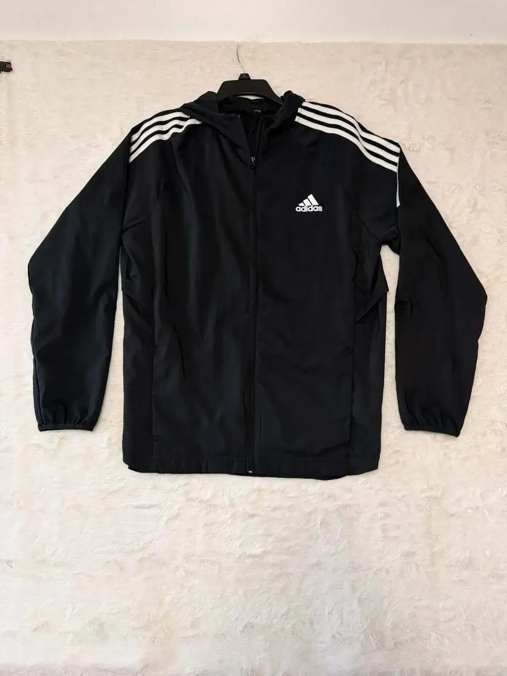Adidas Hooded Windbreaker Size L Black White 3-Stripes Jacket DT4643